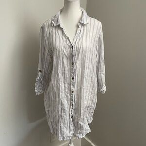 Made in Italy 100% Linen White and Blue Stripe Oversized Button Down Top Size M